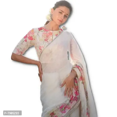 Sidhidata Textile Women's Digital Floral Printed Pure Cotton Linen Saree With Unstitched Blouse Piece (Alia White_White_Free Size)-thumb0