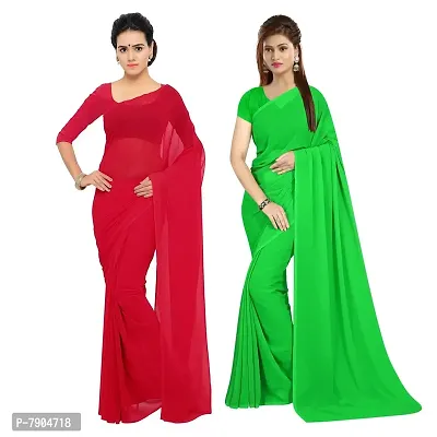 Sidhidata Textile Combo of 2 Women's plain Solid pure Georgette Saree With Unstitched Blouse Piece {Pack of Two} (Combo plain red-parrot green_Red  parrot green_Free Size)-thumb3