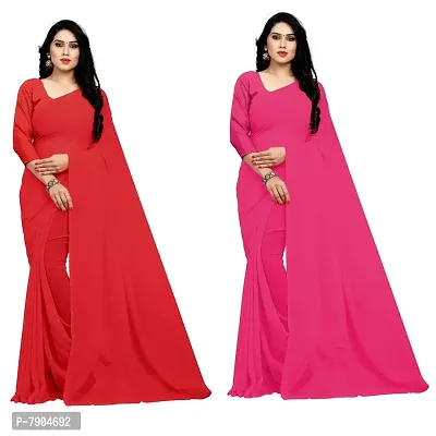 Sidhidata Textile Combo of 2 Women's plain Solid pure Georgette Saree With Unstitched Blouse Piece {Pack of Two} (Combo plain red-709_Red  Pink_Free Size)-thumb0