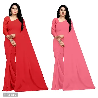 Sidhidata Textile Combo of 2 Women's plain Solid pure Georgette Saree With Unstitched Blouse Piece {Pack of Two} (Combo plain red-701_Red  Light Pink_Free Size)-thumb0