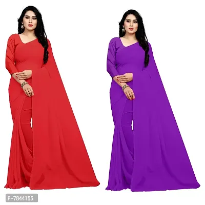 Sidhidata Textile Combo of 2 Women's plain Solid pure Georgette Saree With Unstitched Blouse Piece {Pack of Two} (Combo plain red-purple_Red  purple_Free Size)-thumb0