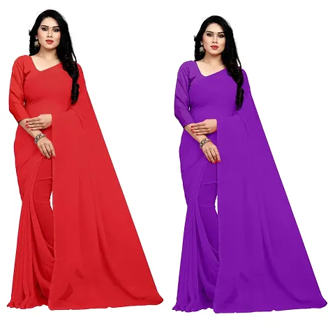 Sidhidata Textile Combo of 2 Women's plain Solid pure Georgette Saree With Unstitched Blouse Piece {Pack of Two} (Combo plain red-purple_Red purple_Free Size)