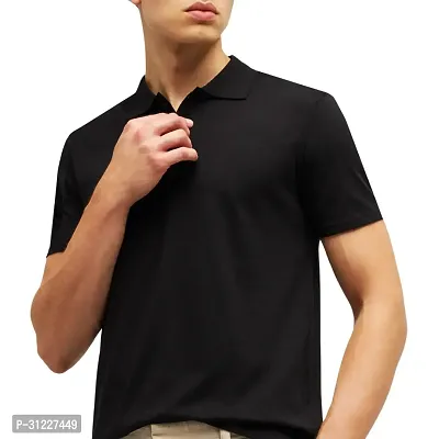 Trendy Black Cotton Blend Solid Polo Collar T-shirt-thumb0