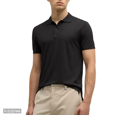 Trendy Black Cotton Blend Solid Polo Collar T-shirt-thumb4