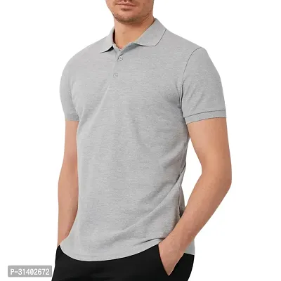 Grey Melange Solid Men Polo Collar T-shirt-thumb2