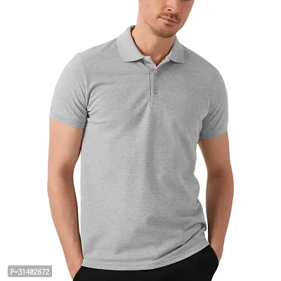 Grey Melange Solid Men Polo Collar T-shirt-thumb3