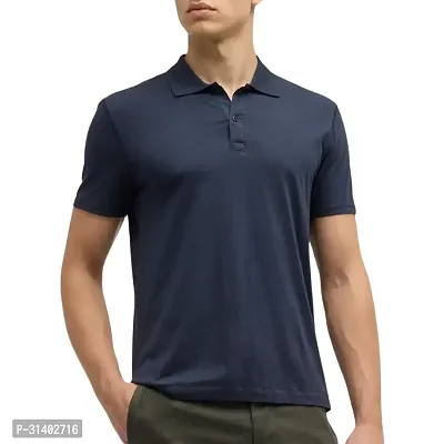 Navy Blue Solid Men Polo Collar T-shirt