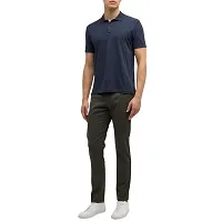 Navy Blue Solid Men Polo Collar T-shirt-thumb2