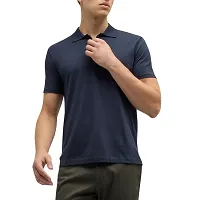 Navy Blue Solid Men Polo Collar T-shirt-thumb3