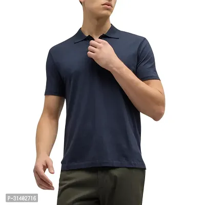 Navy Blue Solid Men Polo Collar T-shirt-thumb4