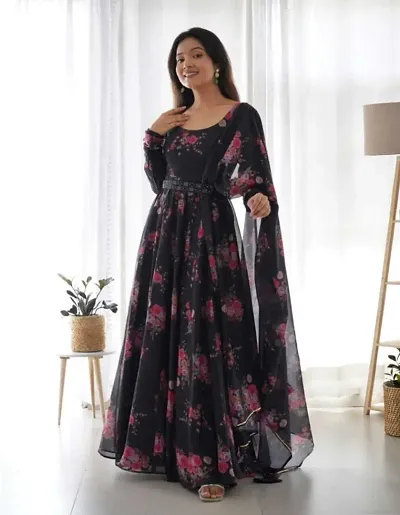 Stylish Georgette Stitched Floral Print Gown With Dupatta For Women