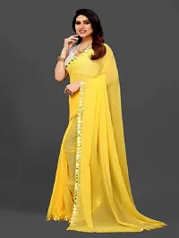 AANZIA Women's Georgette Blue Saree With Mirror lace and Blouse Piece. (Yellow)-thumb1