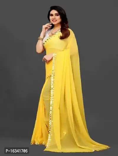 AANZIA Women's Georgette Blue Saree With Mirror lace and Blouse Piece. (Yellow)-thumb2