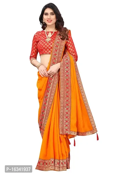 AANZIA Women's Vichitra Silk Saree With Jacquard Blouse Piece (Mustar)-thumb0