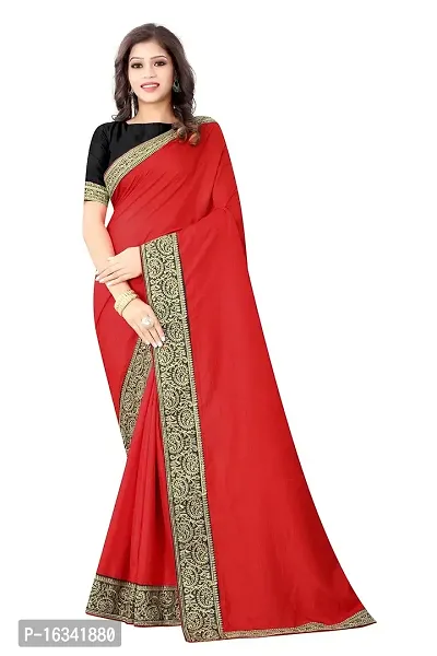 AANZIA Women's Red Vichitra Silk Saree with Embriodered Lace with Blouse piece(7075R_Free Size)-thumb0