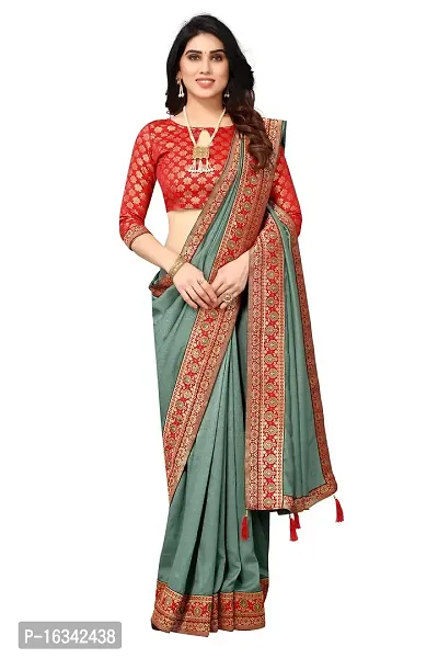 AANZIA Women's Vichitra Silk Saree With Jacquard Blouse Piece (Pista)