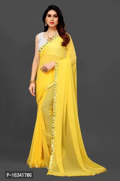 AANZIA Women's Georgette Blue Saree With Mirror lace and Blouse Piece. (Yellow)