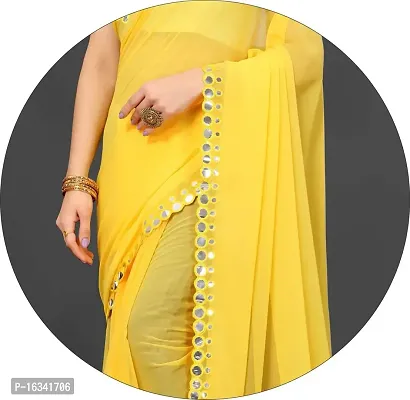 AANZIA Women's Georgette Blue Saree With Mirror lace and Blouse Piece. (Yellow)-thumb4