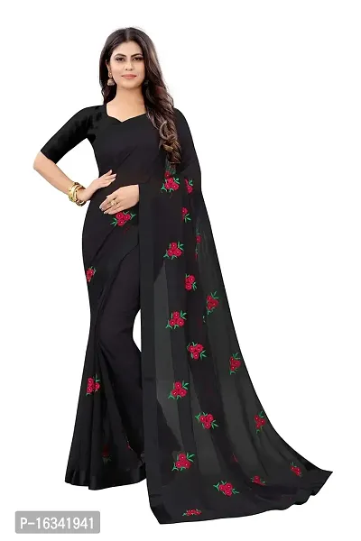 AANZIA Women'S Bridal Chiffon Embriodered Saree With Blouse Pice.(Pr102Bl_Black_Free).