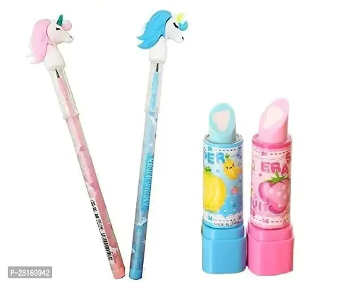 2 Unicorn Pencil And 2 Lipstick Shape Eraser With Non Sharpening Push Bullet Pencil For Kids Pack Of 4-thumb0