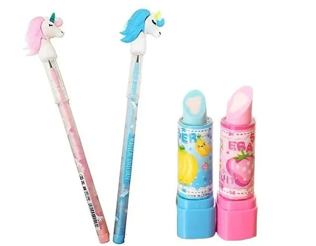 2 Unicorn Pencil And 2 Lipstick Shape Eraser With Non Sharpening Push Bullet Pencil For Kids Pack Of 4