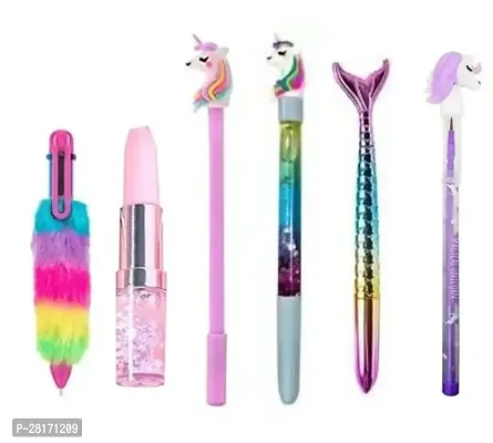 Combo Of 6 Pen include 1 Glitter Gel Pen + 1 Unicorn Gel Pen +1 Lipstick Gel Pen + 1 Unicorn Pencil + 1 Mermaid Pen + 1 (6 In 1 Fur Ball Pen) Beautiful Unicorn Theme Combo For Kids (Pack of 6)-thumb0