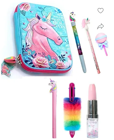 unicorn jumbo pouch + unicorn water pen + unicorn pen + unicorn pencil +fur pen +lipistic pen + 1 eraser combo-7