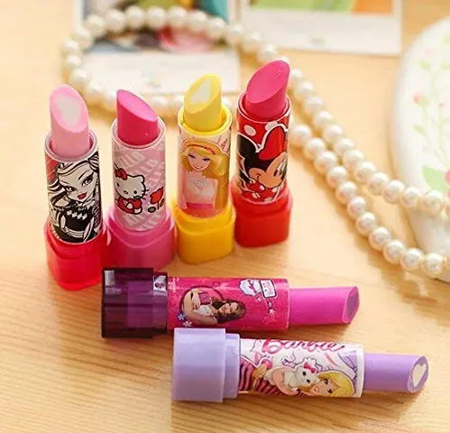 Stationery Lipstick Eraser Cartoon Printed Pencil Erasers with Cap Novelty Rubbers Cute Lipstick Style Eraser for Kids Girls Students Gift (Pack of 6)