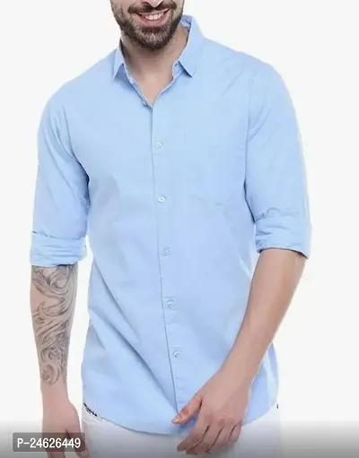 Reliable Blue Cotton Solid Long Sleeves Casual Shirts For Men-thumb0