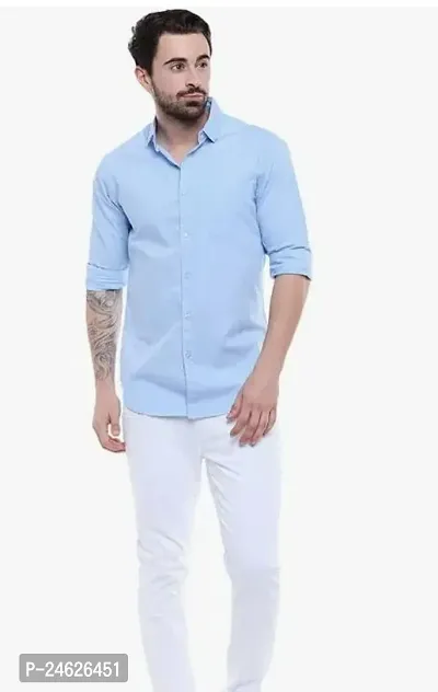 Reliable Blue Cotton Solid Long Sleeves Casual Shirts For Men-thumb0