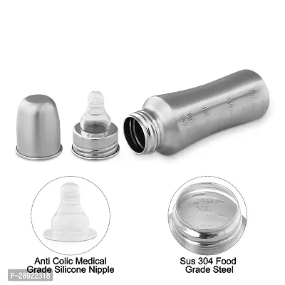 Baby Stainless Steel Baby Feeding Bottle for Milk and Drinks with Silicon Nipple with Cover, 250ML (Pack of 1 Bottle ML Marking with Silicone Nipple)-thumb2