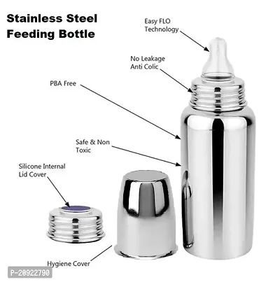 2 Piece Feeding Bottle Regular Stainless Steel Baby Feeding Bottle with Stainless Steel Cap, Mirror Finish Plain Silver, Small Neck Design, (240ml)-thumb2