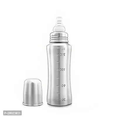 Stainless Steel Baby Feeding Bottle for Kids/Steel Feeding Bottle for Milk and Baby Drinks Zero Percent Plastic No Leakage with Internal ML Marking| (Pack of 1, 240 ML with Nipples)-thumb0