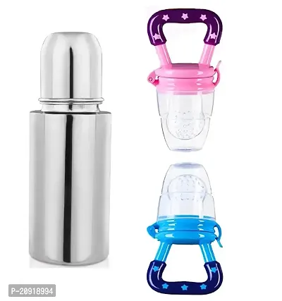 Stainless Steel Feeding Bottle, Food Feeder for Baby/Infants- Nipple-Food Grade Silicon Feeder BPA Free Pack 2-thumb0