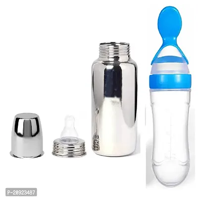 RB POINT Stainless Steel Infant Baby Feeding Bottle Milk Bottle for New Born Baby, Medium-Flow Nipple (240 ML) with Spoon Feeder (Pack of 2)