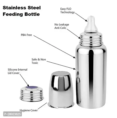 2 Piece Feeding Bottle Regular Stainless Steel Baby Feeding Bottles (240 ML Mirror Finish Plain Silver) with Steel Travel Cap, Nipple-thumb2