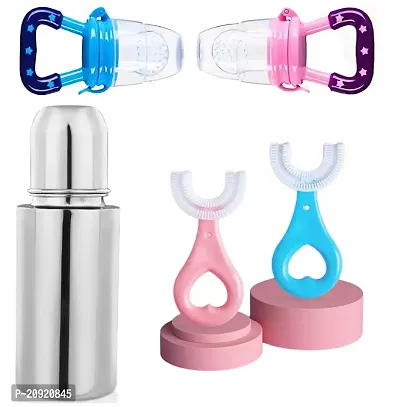 Stainless Steel Feeding Bottle, Food Feeder for Baby/Infants- Nipple-Food Grade Silicon Feeder BPA Free  360 Degree U-Shaped Baby Toothbrush(2 Piece)-thumb0