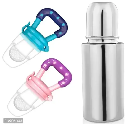 Stainless Steel Feeding Bottle, Food Feeder for Baby/Infants-304 SS-No Joints-Anti Colic Silicon Nipple-Food Grade Silicon Feeder BPA Free Pack 2