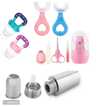 Combo Pack of Baby Food Feeder(2 Piece)  Metal Stainless Steel Baby Feeding Bottle  Baby Nail Cutter(4 in 1 Pack)  Toothbrush for Kids(2 Pc)-thumb0