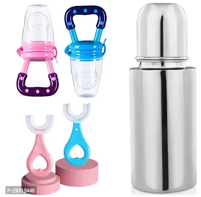 Stainless Steel Feeding Bottle, Food Feeder for Baby/Infants-304 SS-No Joints-Anti Colic Silicon Nipple-Food Grade Silicon Feeder BPA Free  (2 PC) U Shaped Silicon Toothbrush for Kids-thumb0