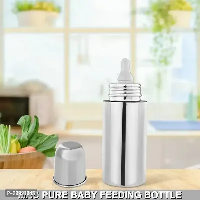 Regular Stainless Steel Baby Feeding Bottles (240 ML Mirror Finish Plain Silver) with Steel Travel Cap, Sipper and Nipple-thumb2