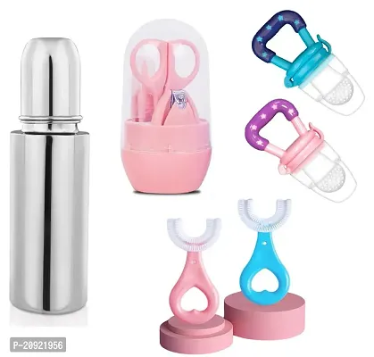 Baby Food Feeder Premium Stainless Steel Baby Feeding Bottle Expertly Designed Baby Nail Cutter  360 Degree U-Shaped Baby Toothbrush (Pack of 4)
