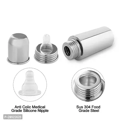 Regular Stainless Steel Baby Feeding Bottles (240 ML Mirror Finish Plain Silver) with Steel Travel Cap, Nipple-thumb2