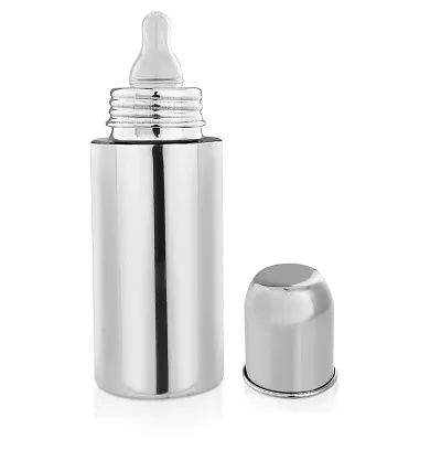 Regular Stainless Steel Baby Feeding Bottles (240 ML Mirror Finish Plain Silver) with Steel Travel Cap, Nipple