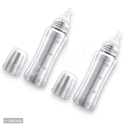 RB POINT Regular Stainless Steel Baby Feeding Bottles (240 ML Mirror Finish Plain Silver) with Steel Travel Cap, Sipper and Nipple (Pack of 2 / with Internal Marking)