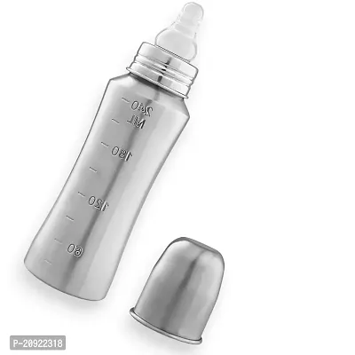 Baby Stainless Steel Baby Feeding Bottle for Milk and Drinks with Silicon Nipple with Cover, 250ML (Pack of 1 Bottle ML Marking with Silicone Nipple)-thumb0