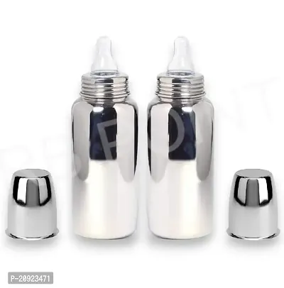 RB POINT 2 in 1 Use Regular Stainless Steel Baby Feeding Bottle with Stainless Steel Cap, Mirror Finish Plain Silver, Small Neck Design, (240ml)(Pack of 2)