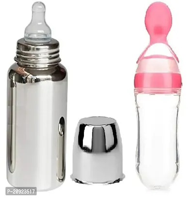 RB POINT Feeding Bottle Joint Less 304 Grade No Joints BPA Free No Plastics New Born Baby/Toddlers/Infants for Drinks/Juice/Milk/Water (240 ml, with 1 Baby Spoon Feeder.