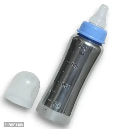 RB POINT Regular Stainless Steel Baby Feeding Bottles (140 ML Mirror Finish Plain Silver) with Plastic Travel Cap, Nipple-thumb0