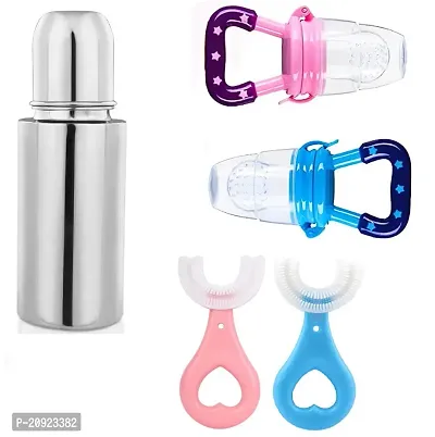 Combo Pack of 3 Baby Products (Baby Food Feeder+ Baby Feeding Bottle Stainless Steel + 2 Pc Baby Toothbrush)